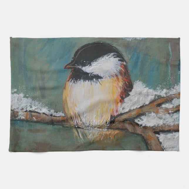 Cute Winter Black Capped Chickadee Bird Kitchen Towel (Horizontal)