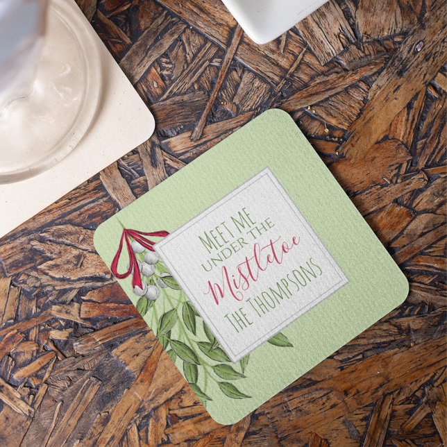 Cute Winter Botanical Christmas Greens Holiday Square Paper Coaster (Cute winter botanical Christmas greens coaster with festive holiday drink table decor.)