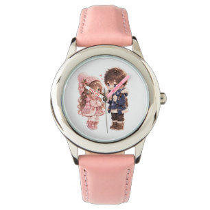 Cute Winter Boy and Girl with Christmas Gift Graph Watch