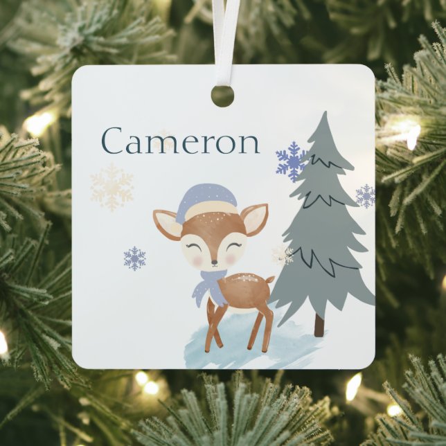 Cute Winter Boy Fawn Custom Name Metal Ornament (Insitu)