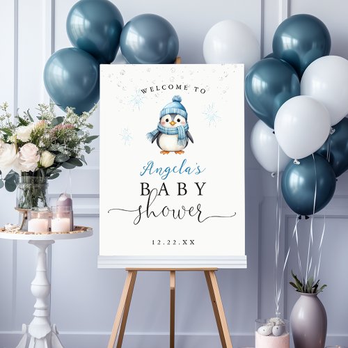 Cute Winter Boy Penguin Baby Shower Welcome Sign