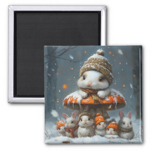 Cute Winter Bunnies with Mushroom Fridge Magnet