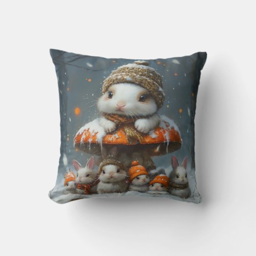 Cute Winter Bunnies with Mushroom Throw Toss Pillo Throw Pillow
