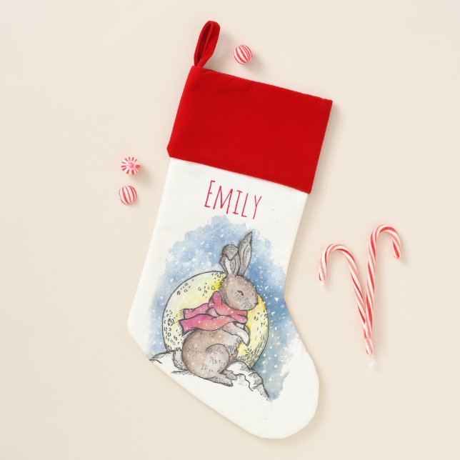 Cute winter bunny in the snow personalized christmas stocking (Front)