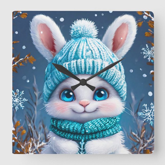 ❄️ Cute Winter Bunny Nursery Decor Gift 🐰 Square Wall Clock (Front)