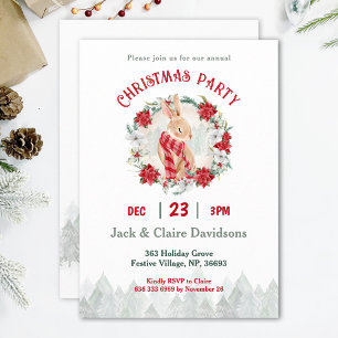 Cute Winter Bunny Poinsettia Christmas Party Invitation