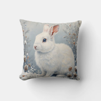 Cute Winter Bunny – White Rabbit with Blue Eyes Throw Pillow