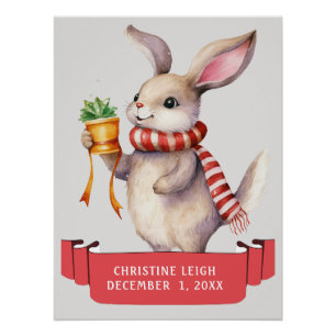CUTE WINTER BUNNY WITH RED WHITE SCARF KIDS NAME  POSTER