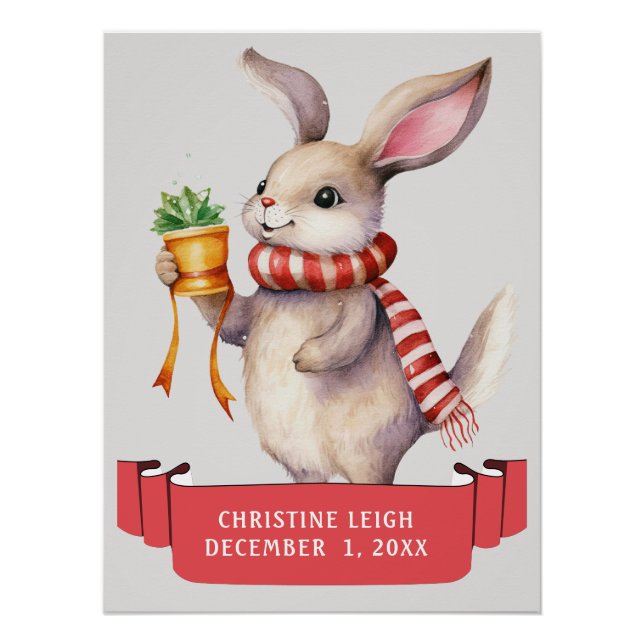 CUTE WINTER BUNNY WITH RED WHITE SCARF KIDS NAME  POSTER (Front)