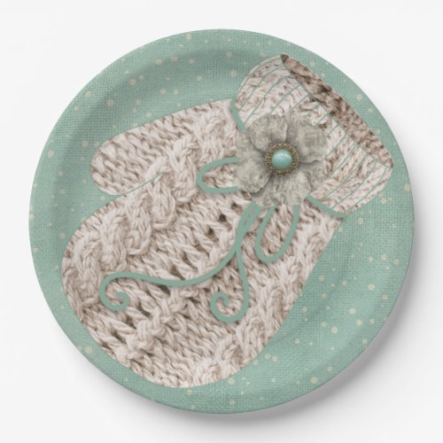 Cute winter cable knit mitten vintage snow  paper plates