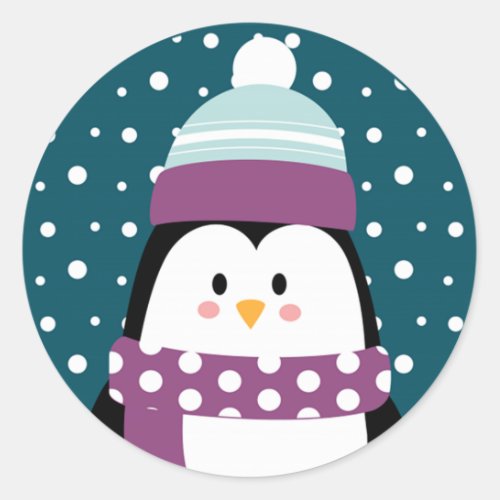 Cute Winter Cartoon Penguin Snowflake Classic Round Sticker