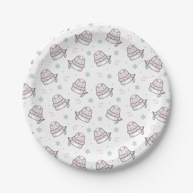 Cute Winter Cat Pattern with Scarves and Snowflake Paper Plates (Front)
