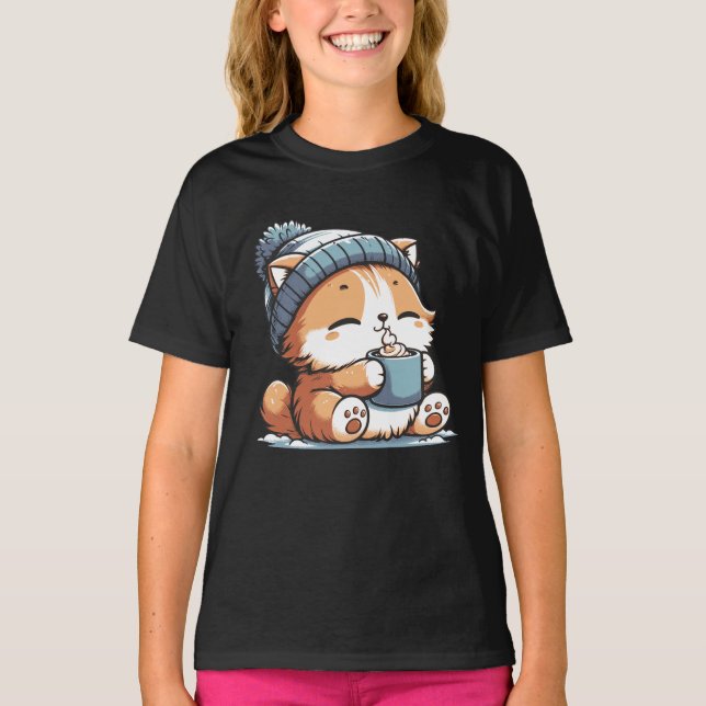 Cute Winter Cat with Beanie Cozy Kawaii Animal  T-Shirt (Front)
