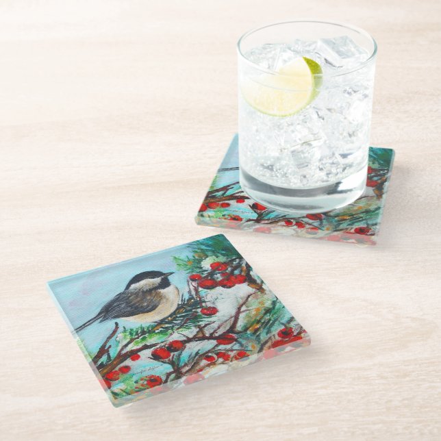 Cute Winter Chickadee Bird With Berries Glass Coaster (Angled)
