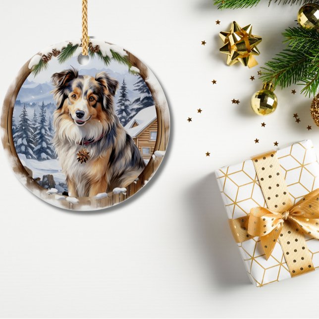 Cute Winter Christmas Australian Shepherd Ceramic Ornament (Cute Winter Christmas Australian Shepherd Ceramic Ornament )