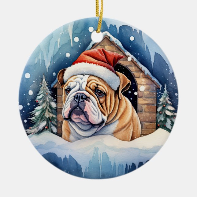 Cute Winter Christmas Bulldog Ceramic Ornament (Front)