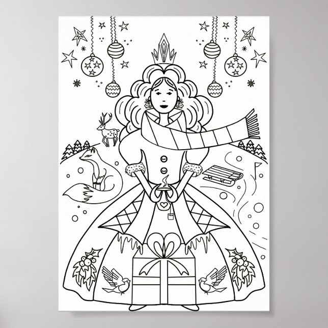 Cute Winter Christmas Coloring Page Poster (Front)