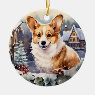 Cute Winter Christmas corgi Ceramic Ornament