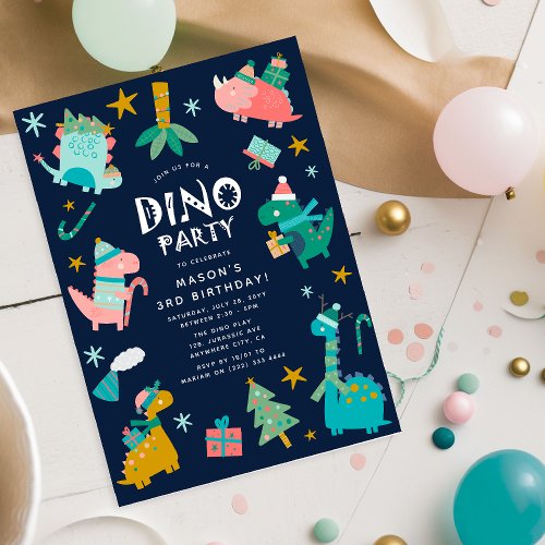 Cute Winter Christmas Dino Kids Birthday Party Invitation