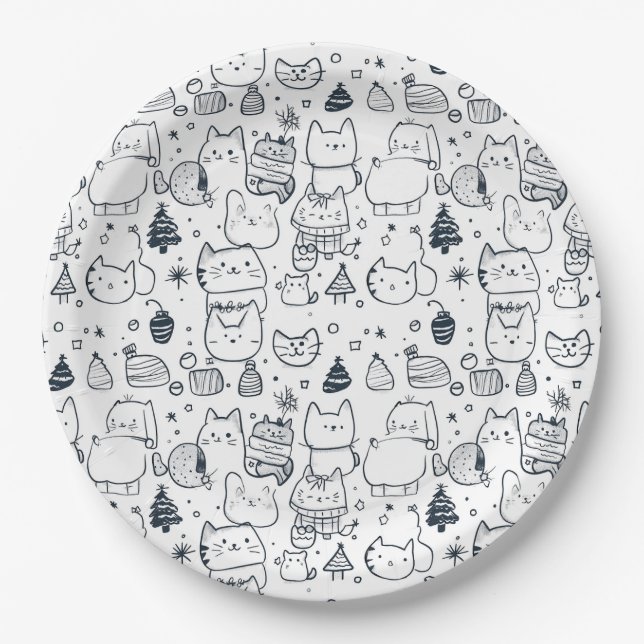 Cute Winter Christmas Doodle Pattern (1) Paper Plates (Front)