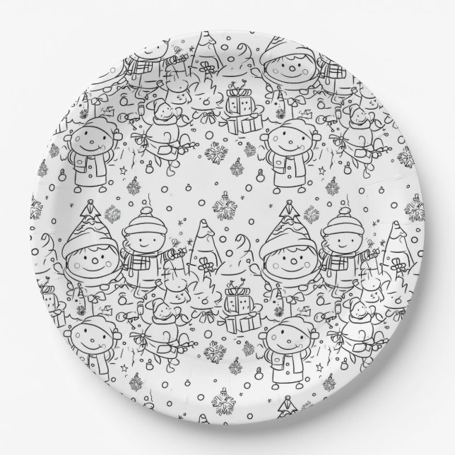 Cute Winter Christmas Doodle Pattern (2) Paper Plates (Front)