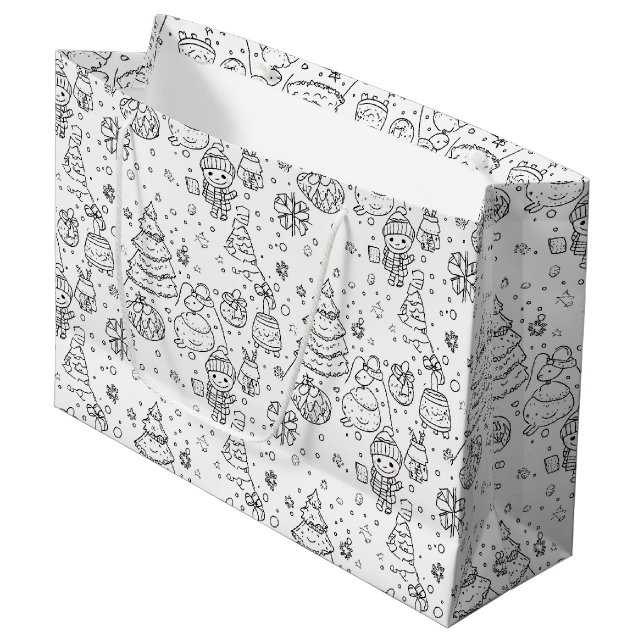 Cute Winter Christmas Doodle Pattern (3) Large Gift Bag (Front Angled)