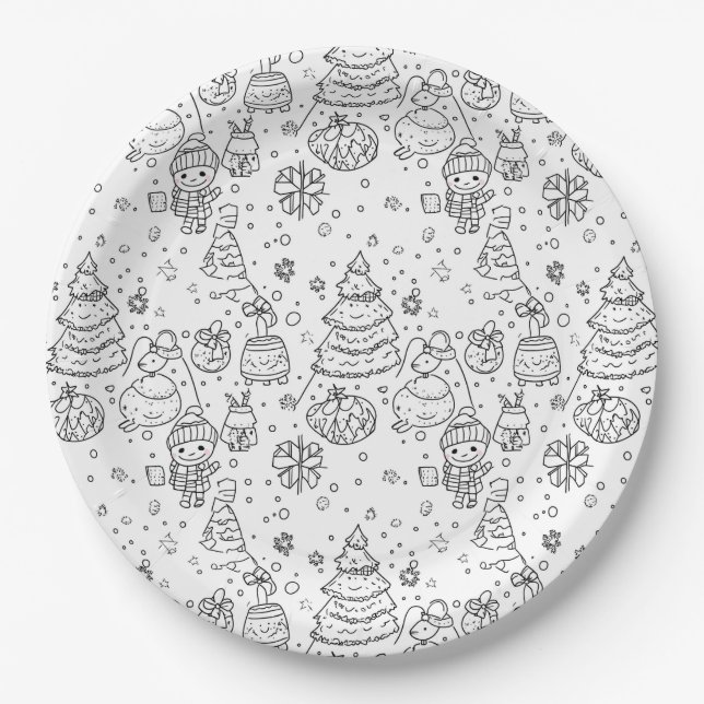 Cute Winter Christmas Doodle Pattern (3) Paper Plates (Front)