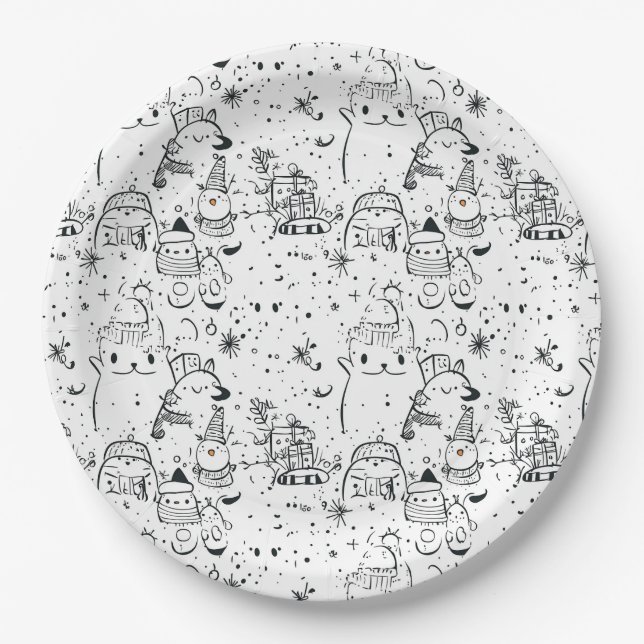 Cute Winter Christmas Doodle Pattern (4) Paper Plates (Front)