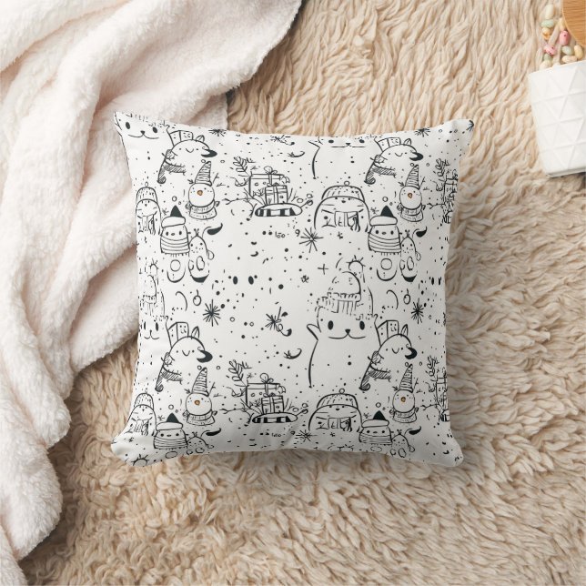 Cute Winter Christmas Doodle Pattern (4) Throw Pillow (Blanket)
