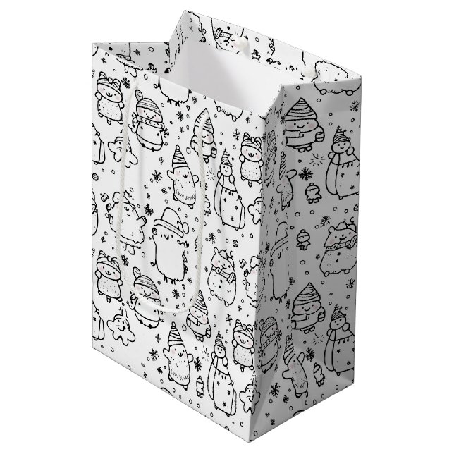 Cute Winter Christmas Doodle Pattern (5) Medium Gift Bag (Front Angled)