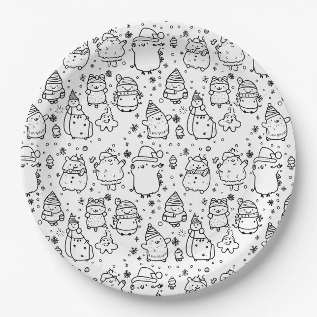 Cute Winter Christmas Doodle Pattern (5) Paper Plates (Front)