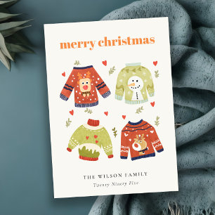 Cute Winter Christmas Hearts Leafy Ugly Sweater Holiday Card