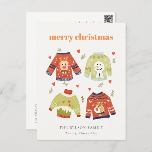 Cute Winter Christmas Hearts Leafy Ugly Sweater  Holiday Postcard