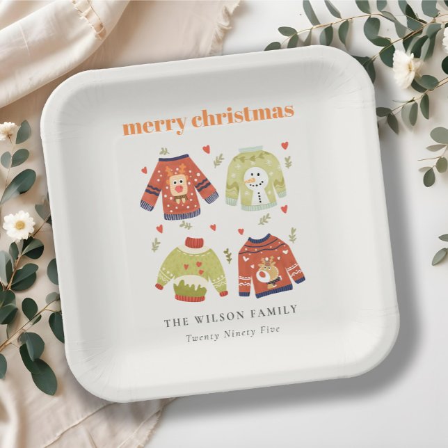 Cute Winter Christmas Hearts Leafy Ugly Sweater  Paper Plates (Creator Uploaded)