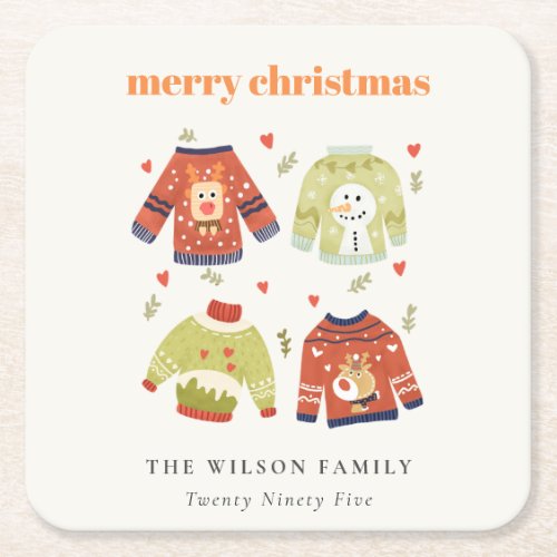 Cute Winter Christmas Hearts Leafy Ugly Sweater  Square Paper Coaster