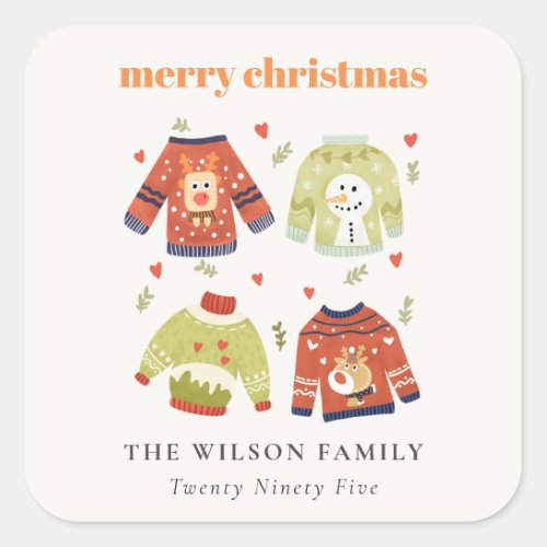 Cute Winter Christmas Hearts Leafy Ugly Sweater  Square Sticker