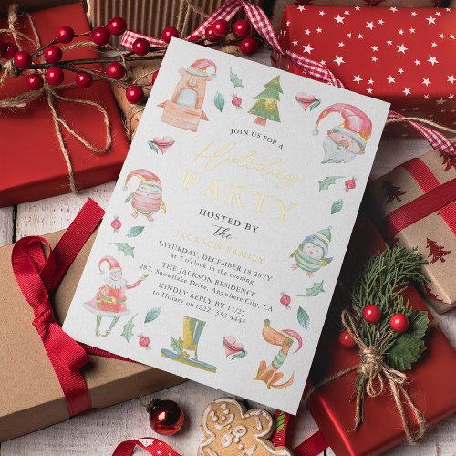 Cute Winter Christmas Holiday Party Gold Foil Invitation