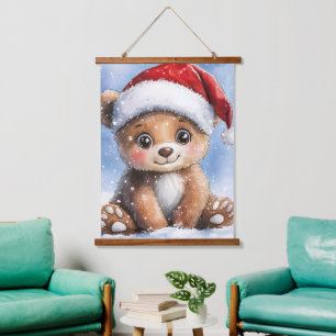 Cute Winter Christmas Santa Bear Cub Watercolor  Hanging Tapestry