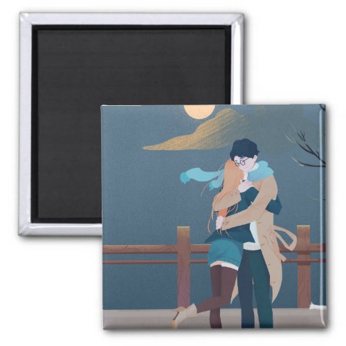 Cute Winter Couple Hugging Magnet