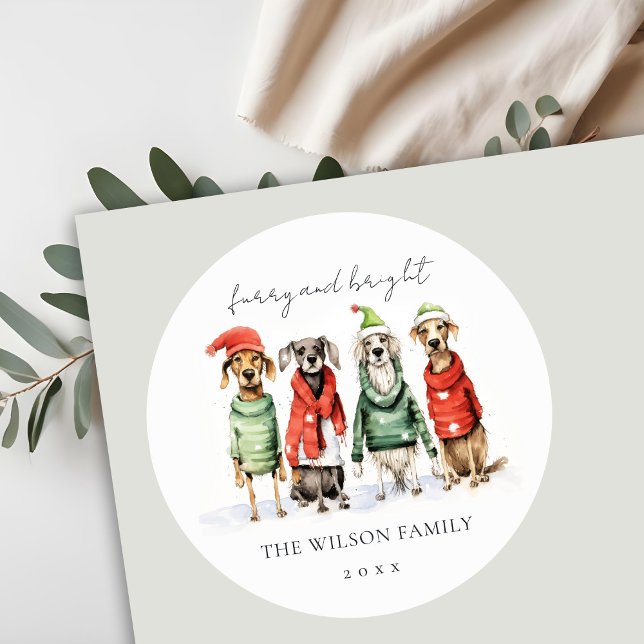 Cute Winter Dogs Sweater Furry & Bright Christmas  Classic Round Sticker (Creator Uploaded)