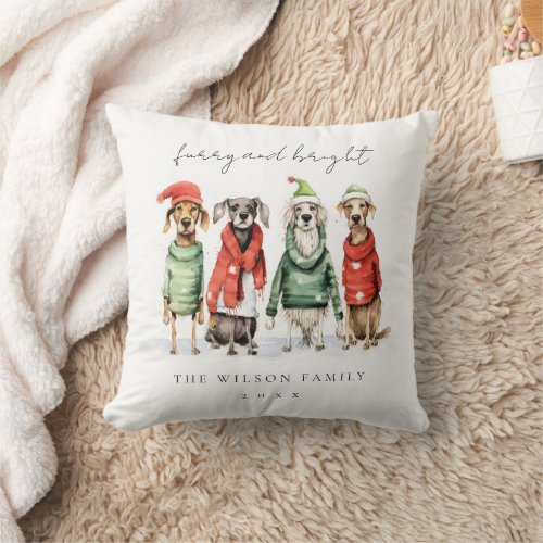 Cute Winter Dogs Sweater Furry  Bright Christmas Throw Pillow