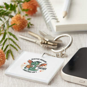 Cute Winter Dragon with Gift Fantasy Christmas  Keychain