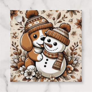Cute Winter Duo: Dog in Patterned Hat and Snowman Favor Tags