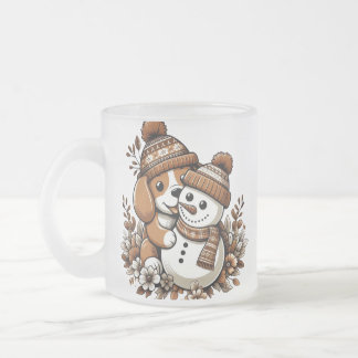 Cute Winter Duo: Dog in Patterned Hat and Snowman  Frosted Glass Coffee Mug