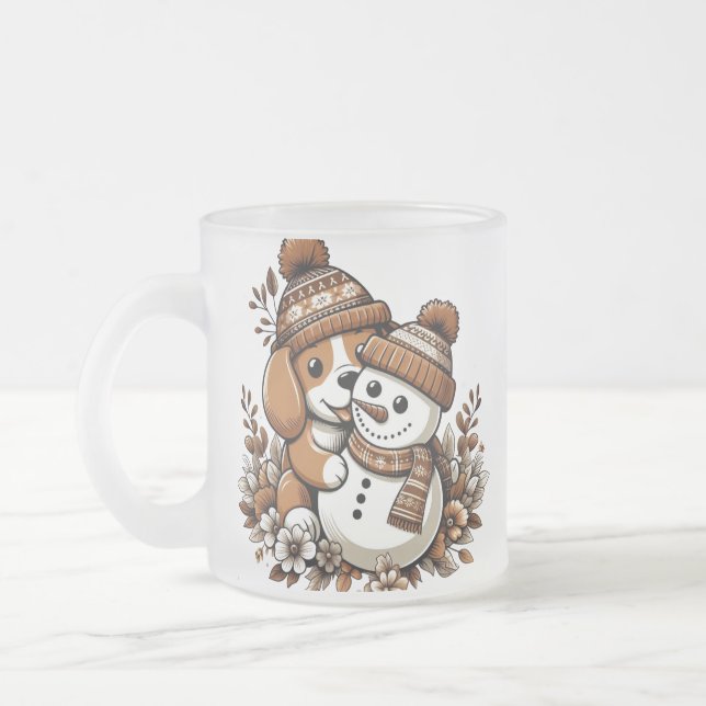 Cute Winter Duo: Dog in Patterned Hat and Snowman  Frosted Glass Coffee Mug (Left)