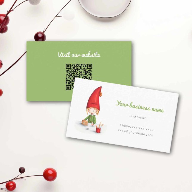 Cute Winter Elf Making Toys QR Code Business Card (Creator Uploaded)