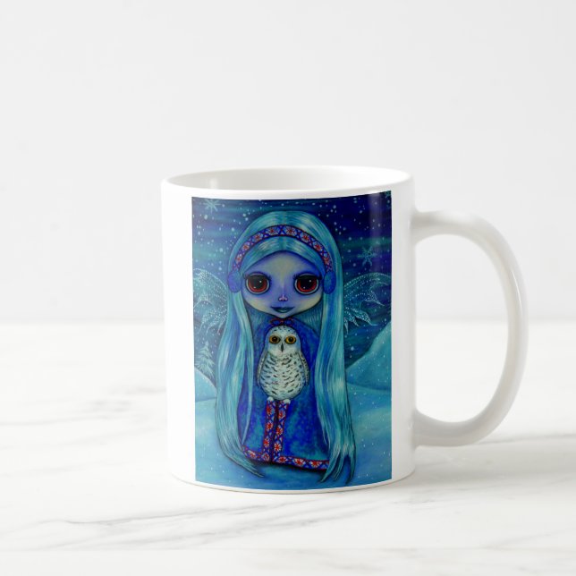Cute Winter Fairy Girl Doll Ear Muffs Snowy Owl Coffee Mug (Right)