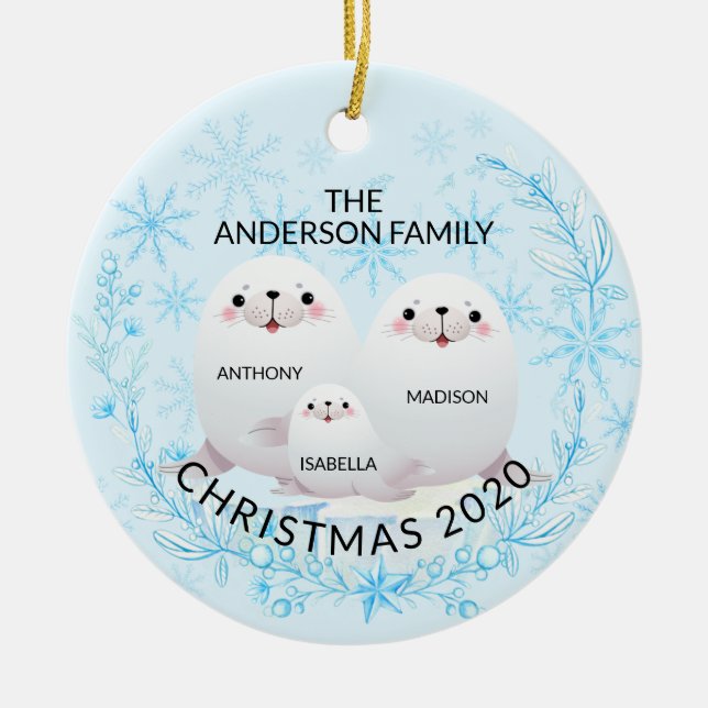 Cute Winter Family Of 3 Seals Christmas Ceramic Ornament (Front)