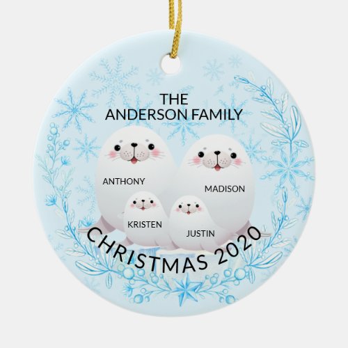 Cute Winter Family Of 4 Seals Christmas Ceramic Ornament