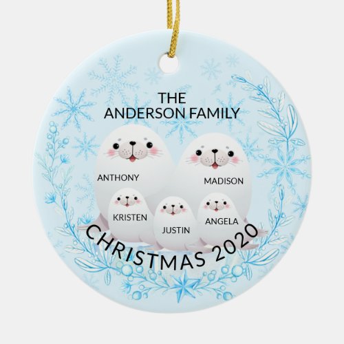 Cute Winter Family Of 5 Seals Christmas Ceramic Ornament